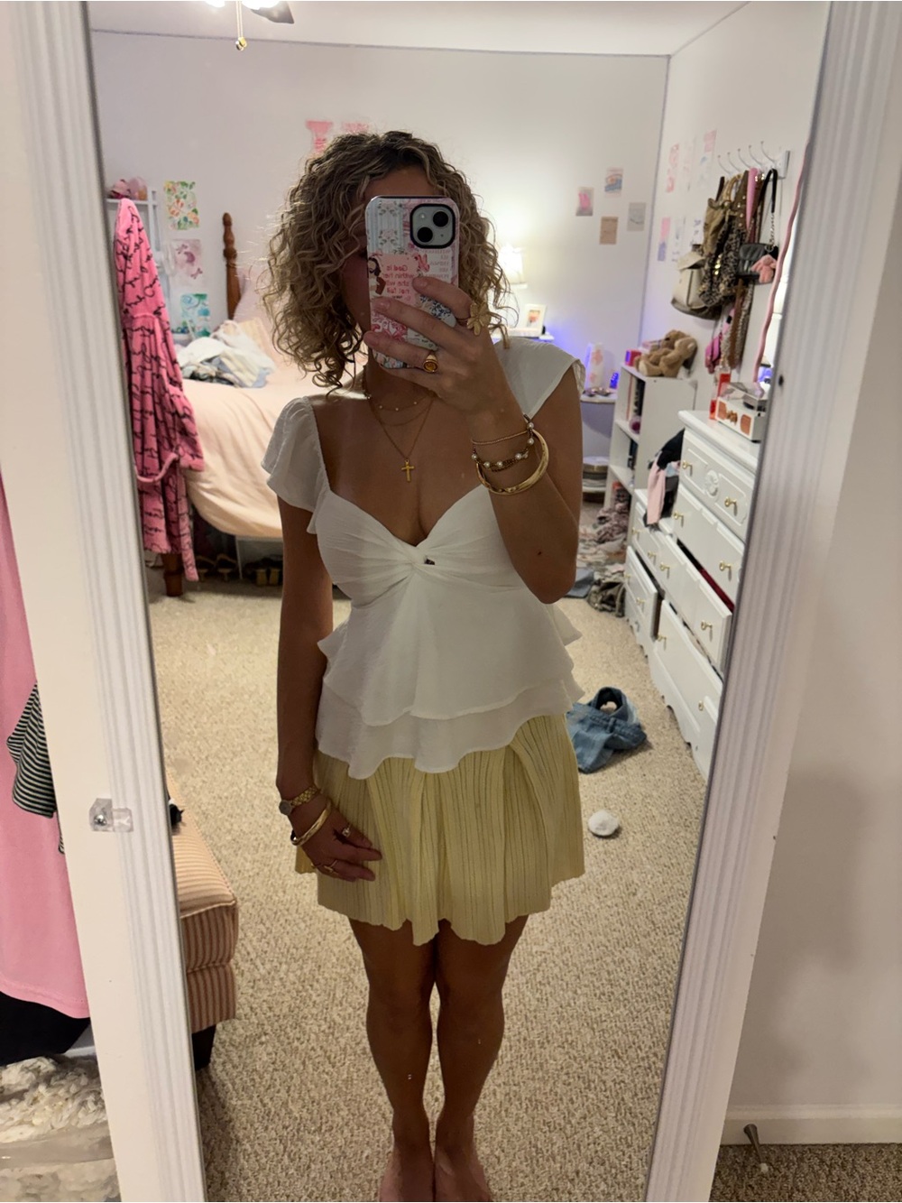 Hippie Rose Pale Yellow Pleated Mini Skirt